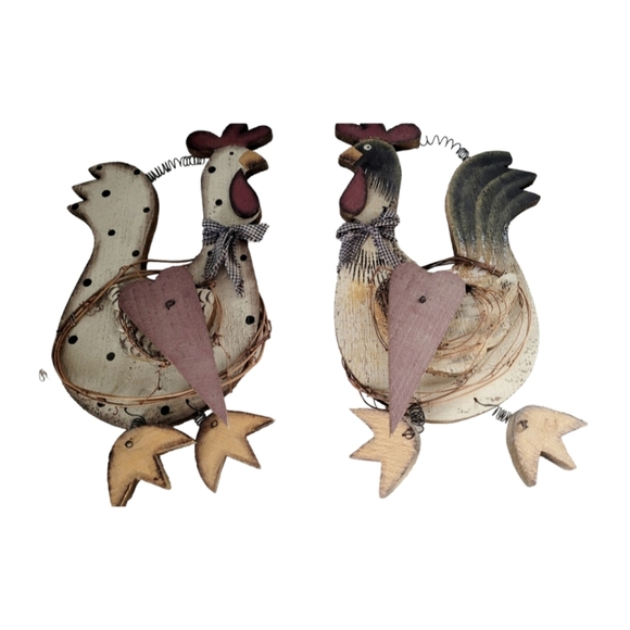 Set of 2 Wood Chickens Farmhouse Primitive Country Roosters Handmade - Picture 2 of 6